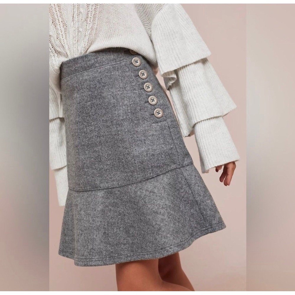 Maeve‎ by Anthropologie Grey Flounce Hem Yukon Skirt Button Detail Size 12